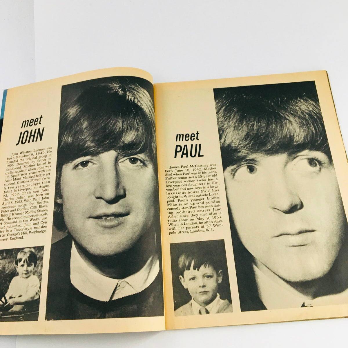 Inside spread of 16 Scoop Magazine 1965 highlighting John Lennon and Paul McCartney with personal biographies.