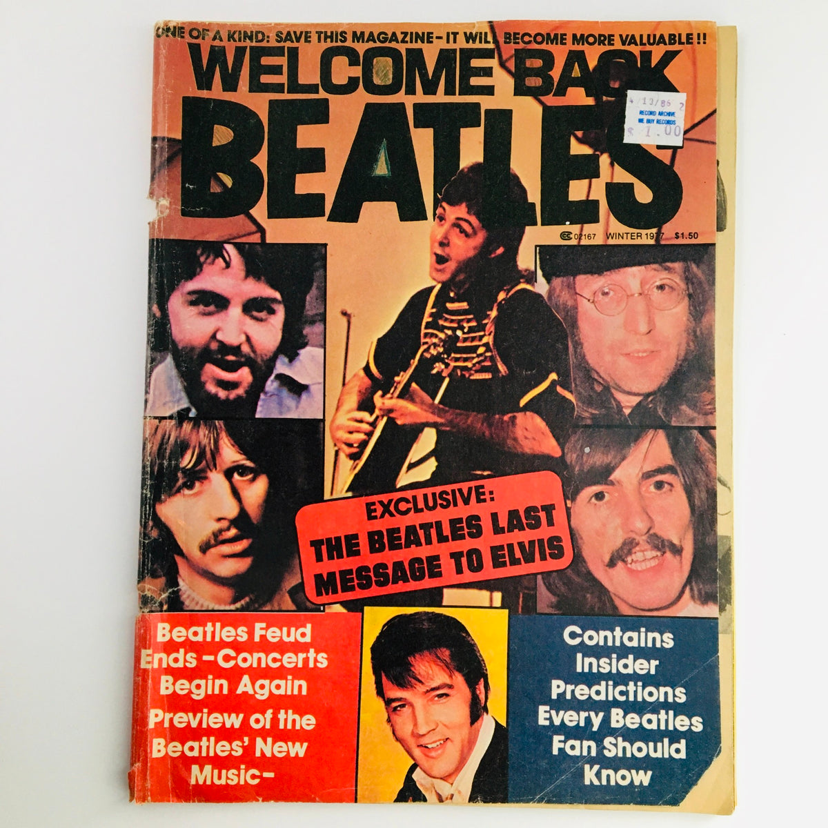 Cover of 'Welcome Back Beatles Part III' by Howie Blumenthal from Winter 1977, featuring images of key Beatles members and Elvis, highlighting exclusive content and vintage appeal.