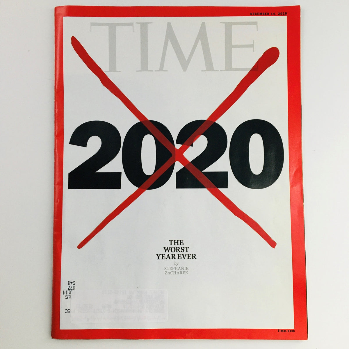 Time Magazine December 14, 2020 cover featuring 'X Marks 2020 The Worst Year Ever' with a striking red cross over the year '2020' in bold letters. This image showcases the magazine cover in very good condition with smooth edges, emphasizing the year's challenges.