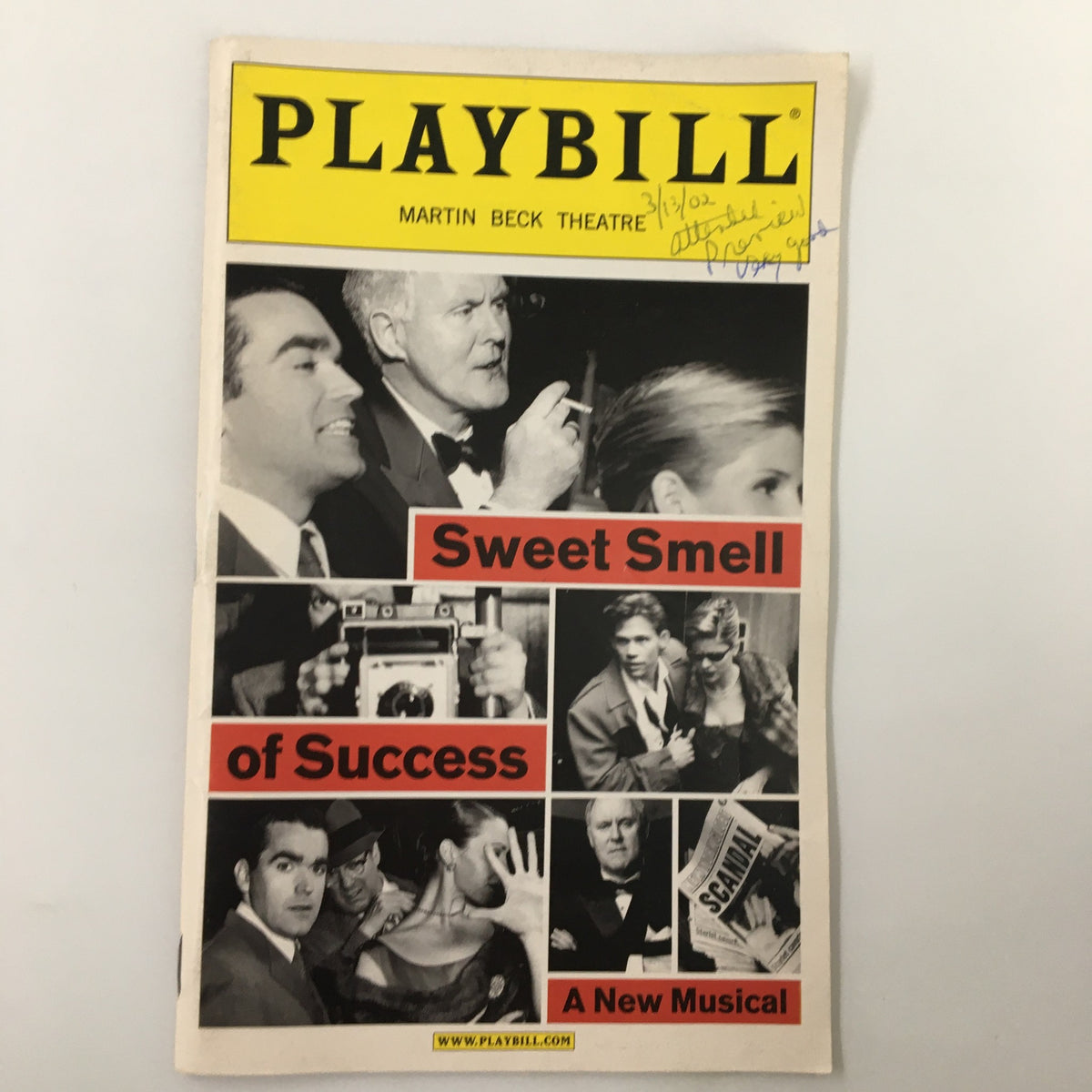 2002 Playbill from Martin Beck Theatre featuring John Lithgow in Sweet Smell of Success, showcasing a black and white collage of characters from the musical.