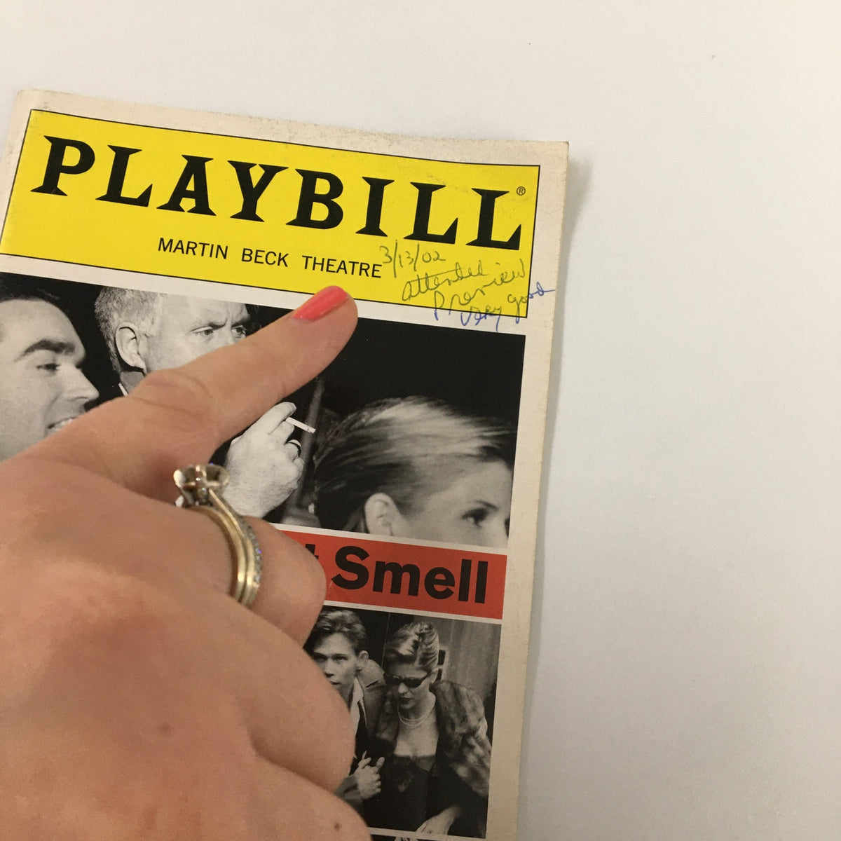Close-up of the 2002 Playbill from Martin Beck Theatre for Sweet Smell of Success, highlighting the date and a handwritten signature on the cover.