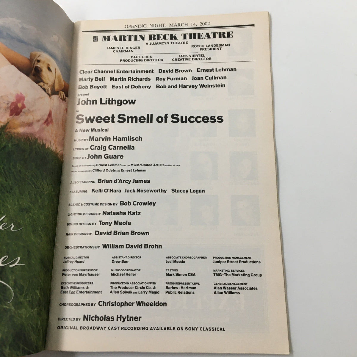 Opening night page of the 2002 Playbill from Martin Beck Theatre for Sweet Smell of Success, detailing cast and creative team information for the production.