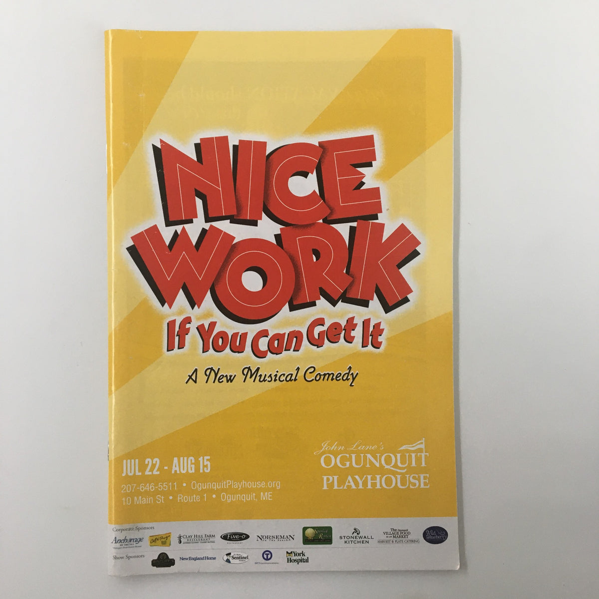 Cover of the 2015 Playbill for 'Nice Work If You Can Get It', a new musical comedy presented by Ogunquit Playhouse, featuring vibrant graphics and title display.