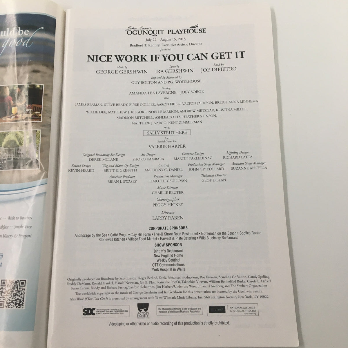 Inside page of the 2015 Playbill for 'Nice Work If You Can Get It', listing the cast and crew involved in the Ogunquit Playhouse production.