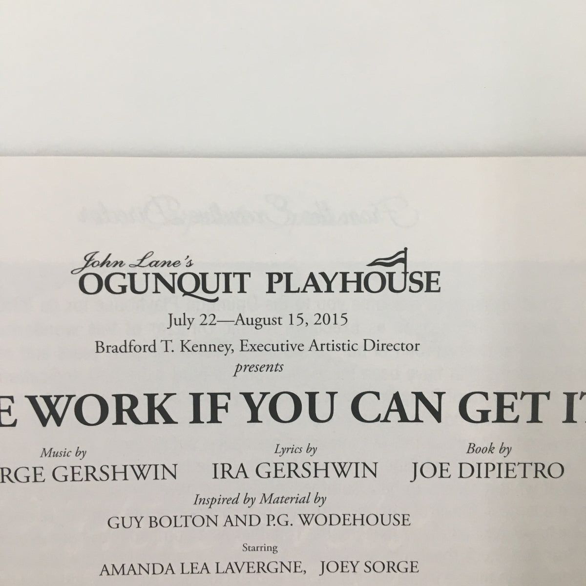 Detailed listing in the 2015 Playbill for 'Nice Work If You Can Get It', showing the Ogunquit Playhouse logo and key contributors including George Gershwin and Ira Gershwin.
