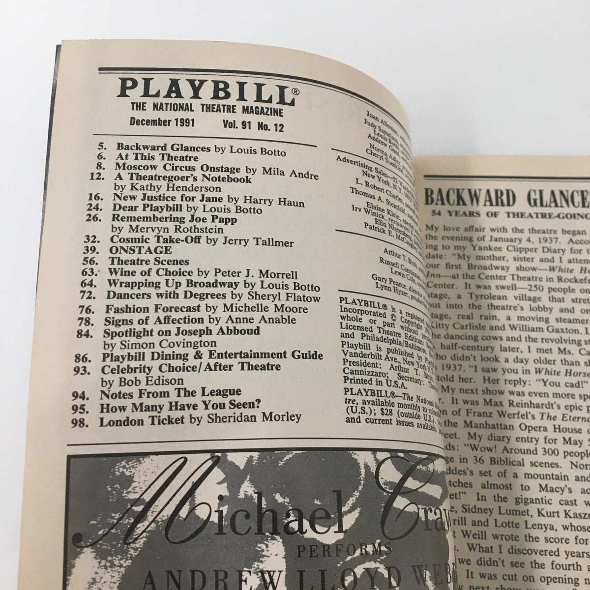 Interior page of the December 1991 Playbill for Miss Saigon, featuring listings and articles relevant to the production.