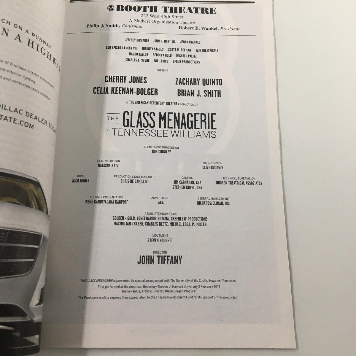 2014 Playbill from Booth Theatre featuring The Glass Menagerie by Tennessee Williams, showcasing the cast and creative team details on the inside page.