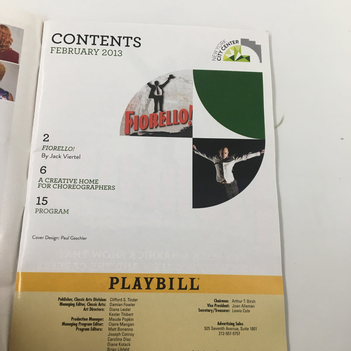 Interior page of the 2013 Playbill from New York City Center detailing contents for February 2013 including the production 'Firello'.