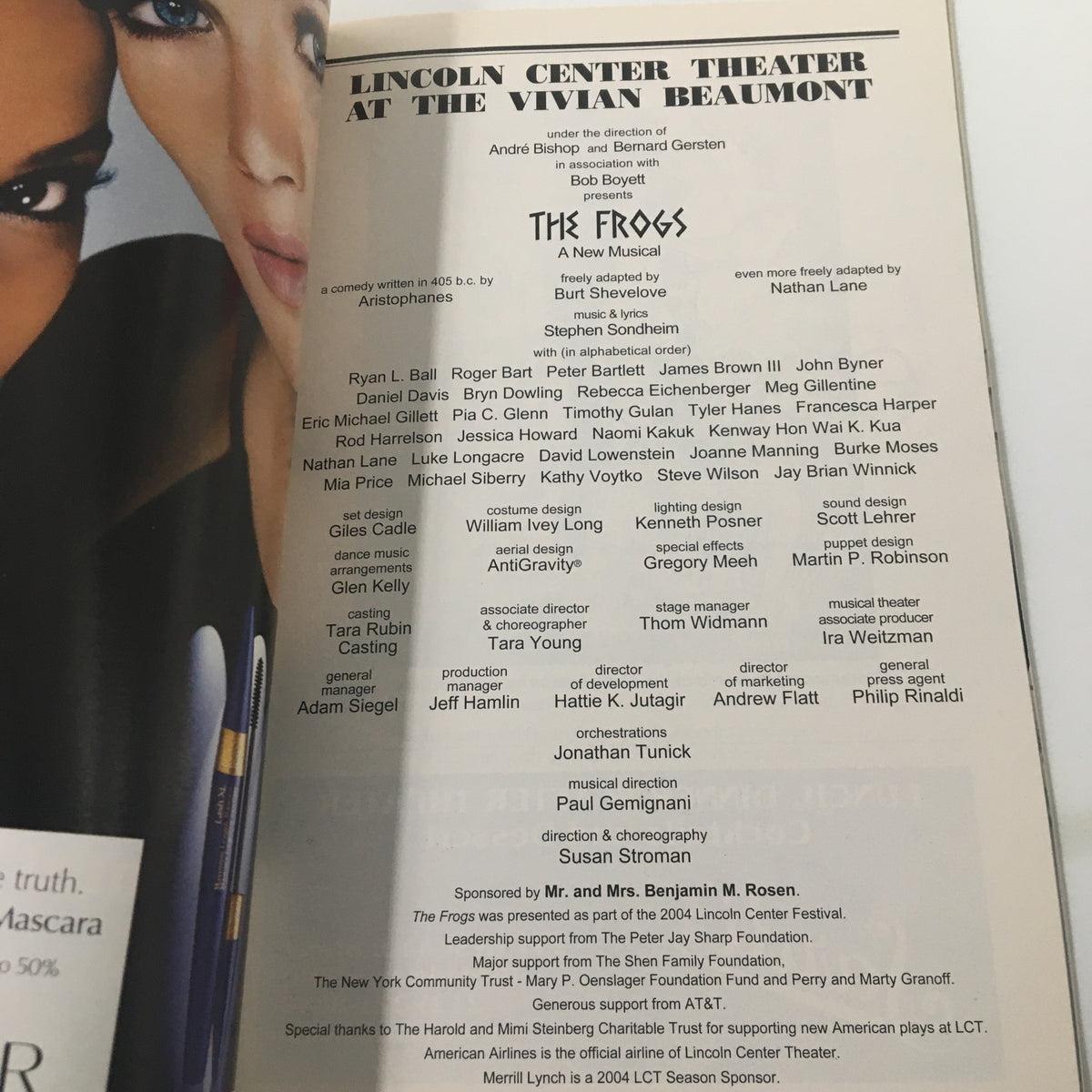 Program details page from the 2004 Playbill of The Frogs at Lincoln Center Theatre, highlighting the cast and creative team under Susan Stroman's direction.