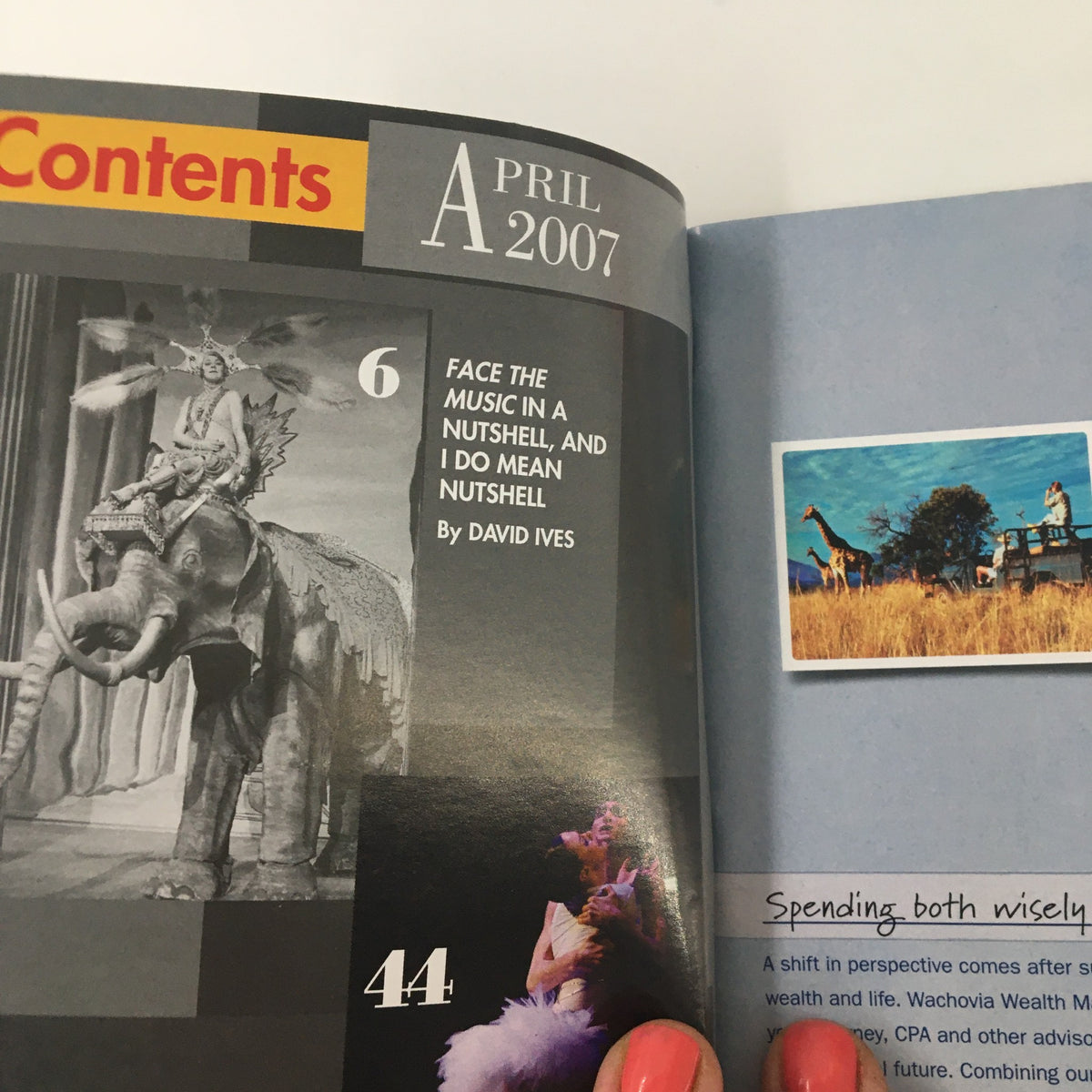 Inside view of the 2007 Playbill for 'Face The Music' showcasing the contents page with an article titled 'Face The Music in a Nutshell' and a photo.