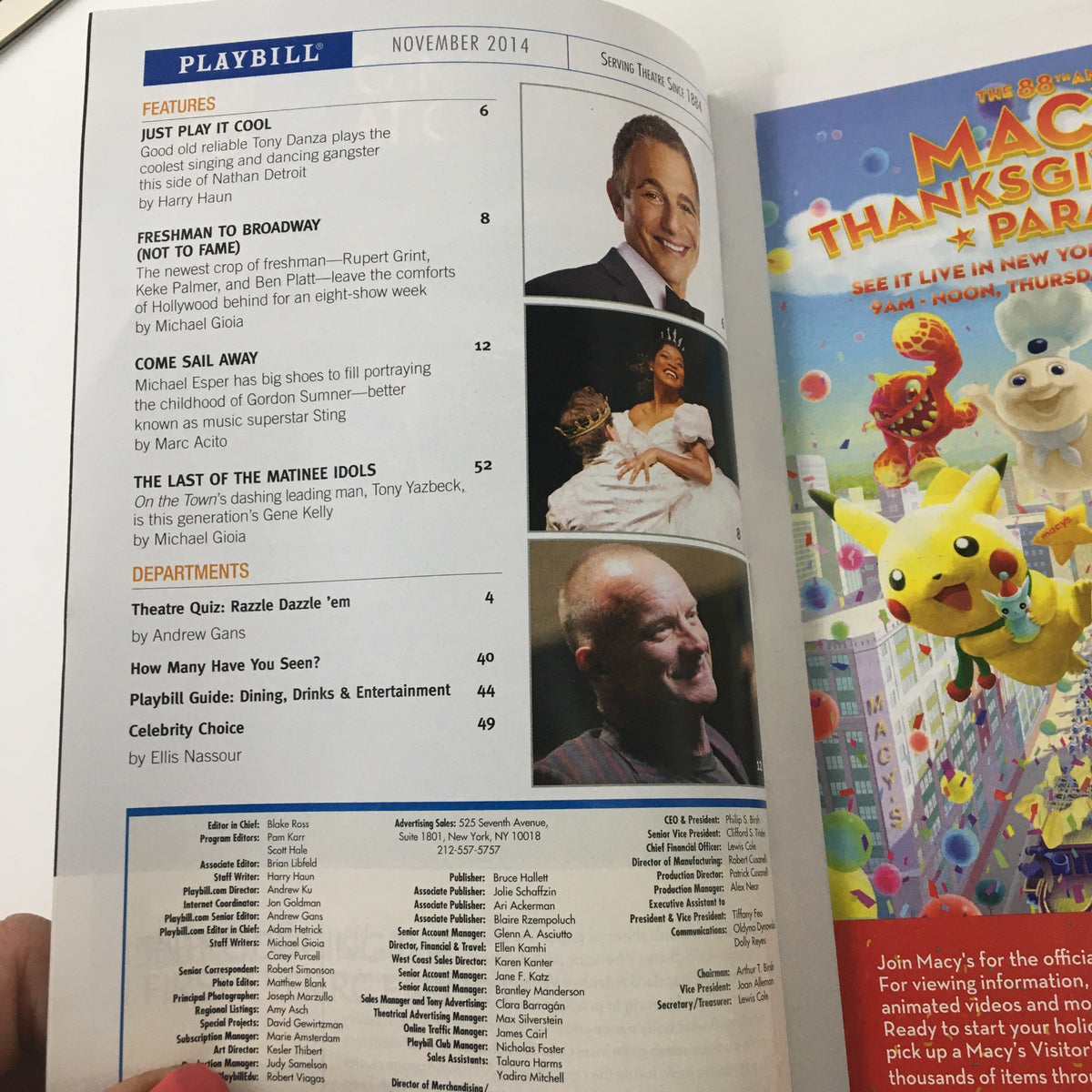 Interior page of the 2014 Playbill for "A Particle of Dread: Oedipus Variations" including a table of contents and advertisements.
