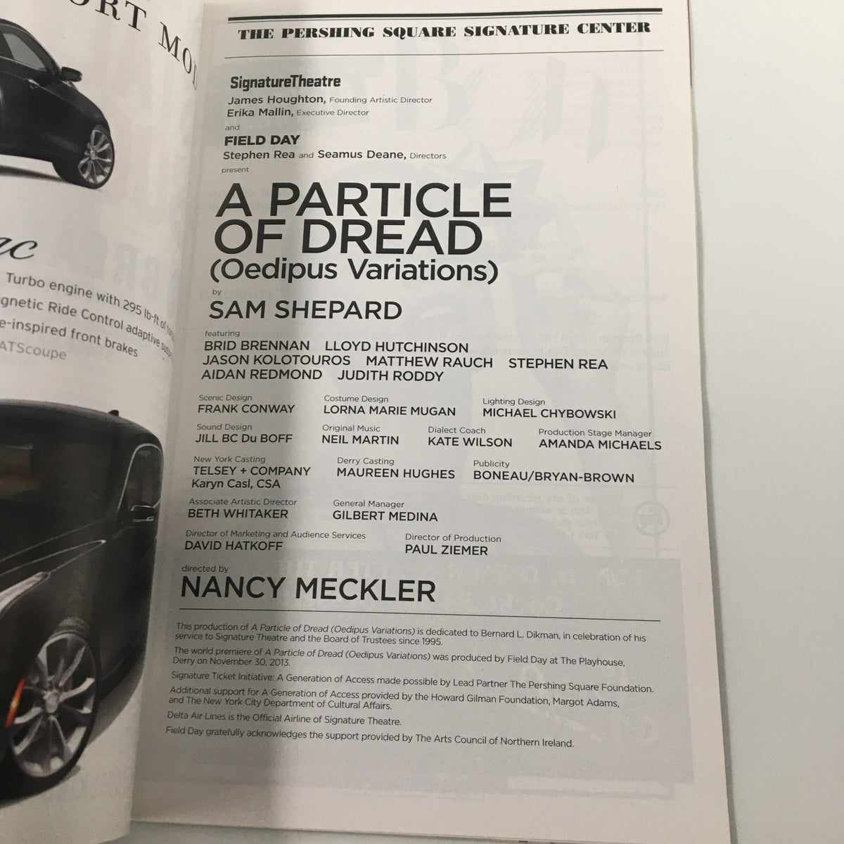 Content page from the 2014 Playbill for "A Particle of Dread: Oedipus Variations" detailing the cast, crew, and production information.