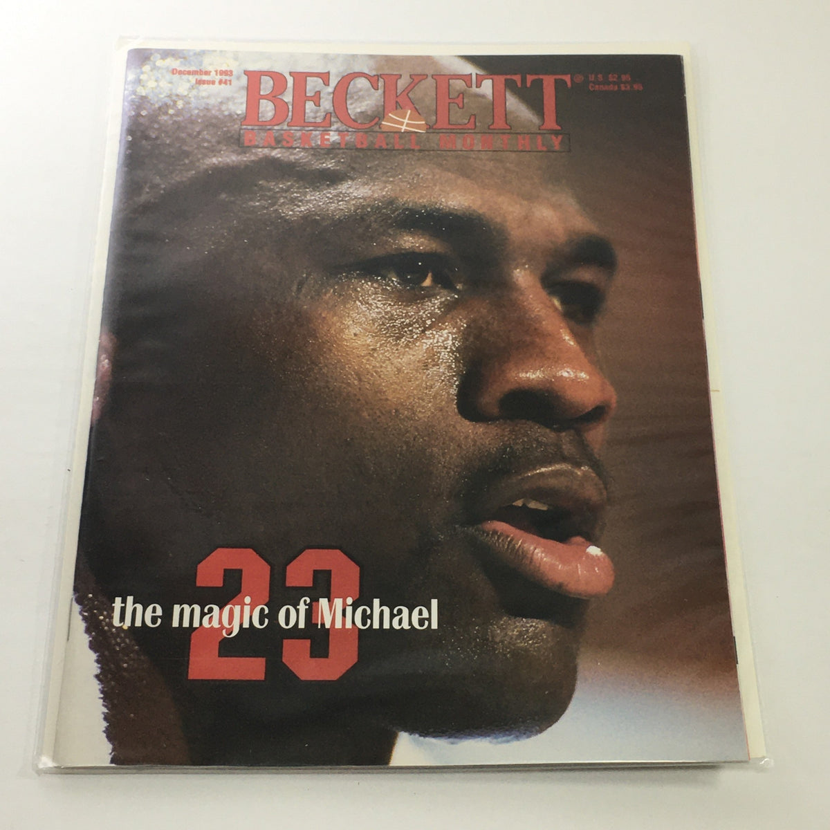 Beckett Basketball Monthly: December 1993 Issue #41 featuring Michael Jordan on the cover, showcasing the iconic number 23 and the title 'The Magic of Michael'.