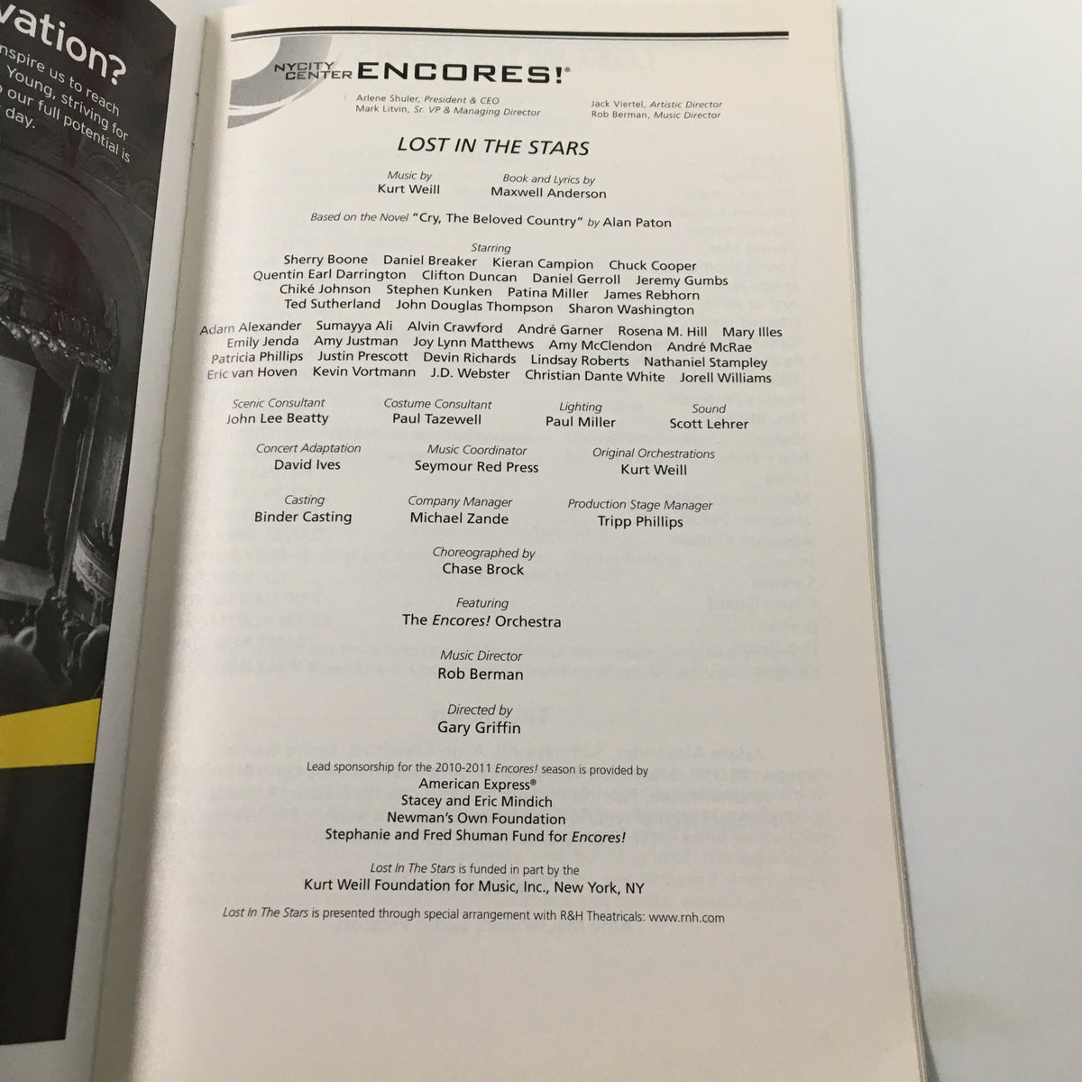 Page from the 2011 Playbill for Lost In The Stars showcasing cast and crew credits, including director Gary Griffin and musical composer Kurt Weill.