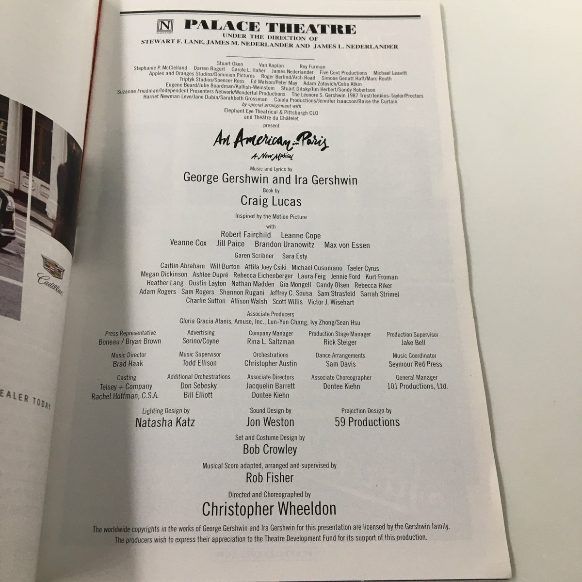 2015 Playbill from An American in Paris featuring the cast and creative team, presented at the Palace Theatre, choreographed by Christopher Wheeldon.