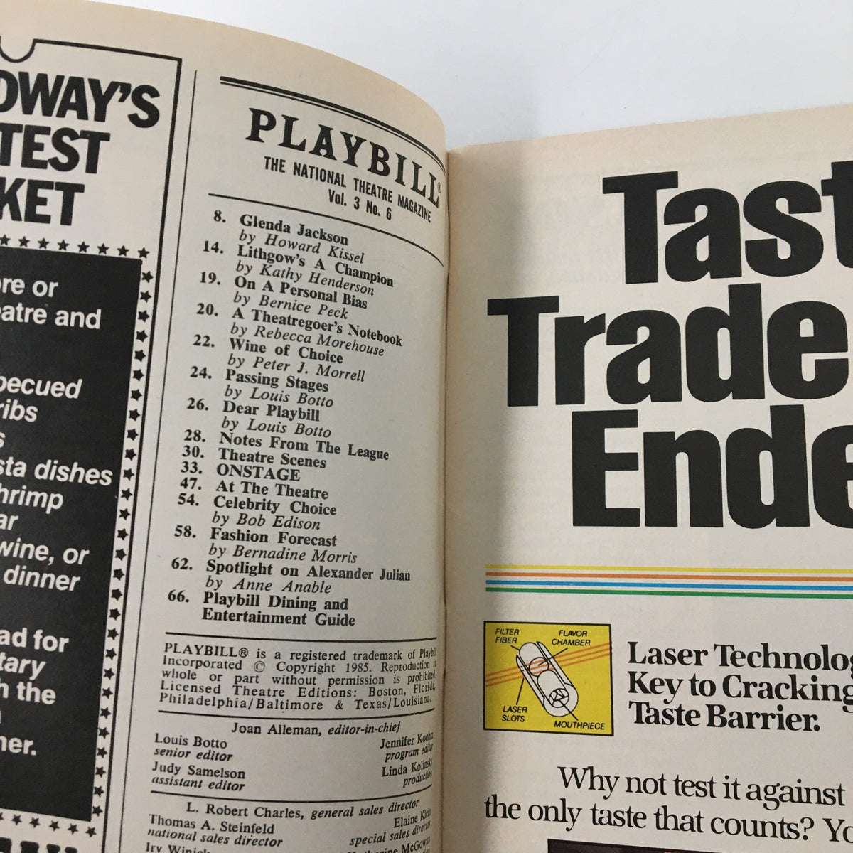 Inside view of the 1985 Playbill Nederlander Theatre Glenda Jackson Strange Interlude showcasing the theater program and cast list.