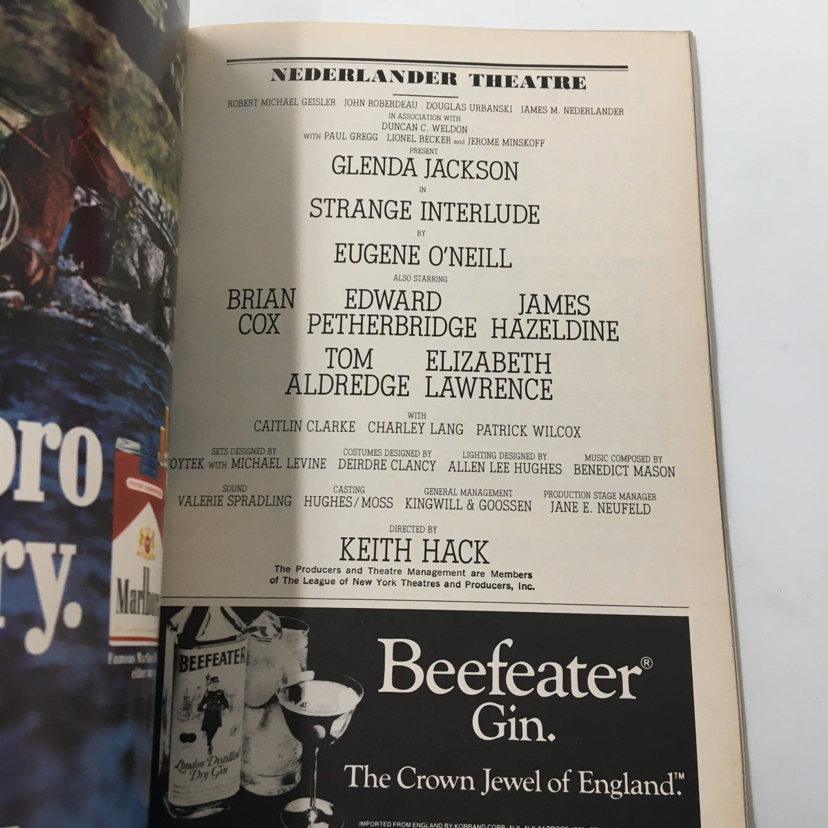 1985 Playbill from Nederlander Theatre featuring Glenda Jackson in Strange Interlude, highlighting cast details and production credits.