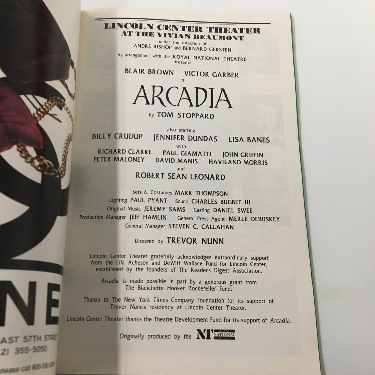 1995 Playbill Arcadia featuring Blair Brown at Vivian Beaumont Theater, showcasing the cast and production details including Tom Stoppard as playwright.