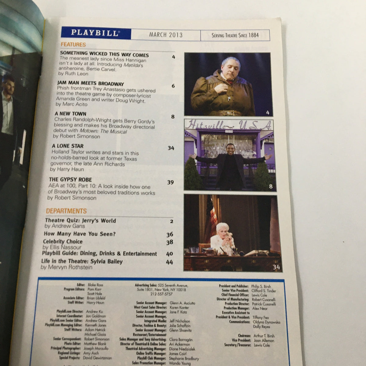 Inside view of the March 2013 Playbill featuring the play "Ann" at the Vivian Beaumont Theater with Holland Taylor, showcasing articles and advertisements relevant to the performance.