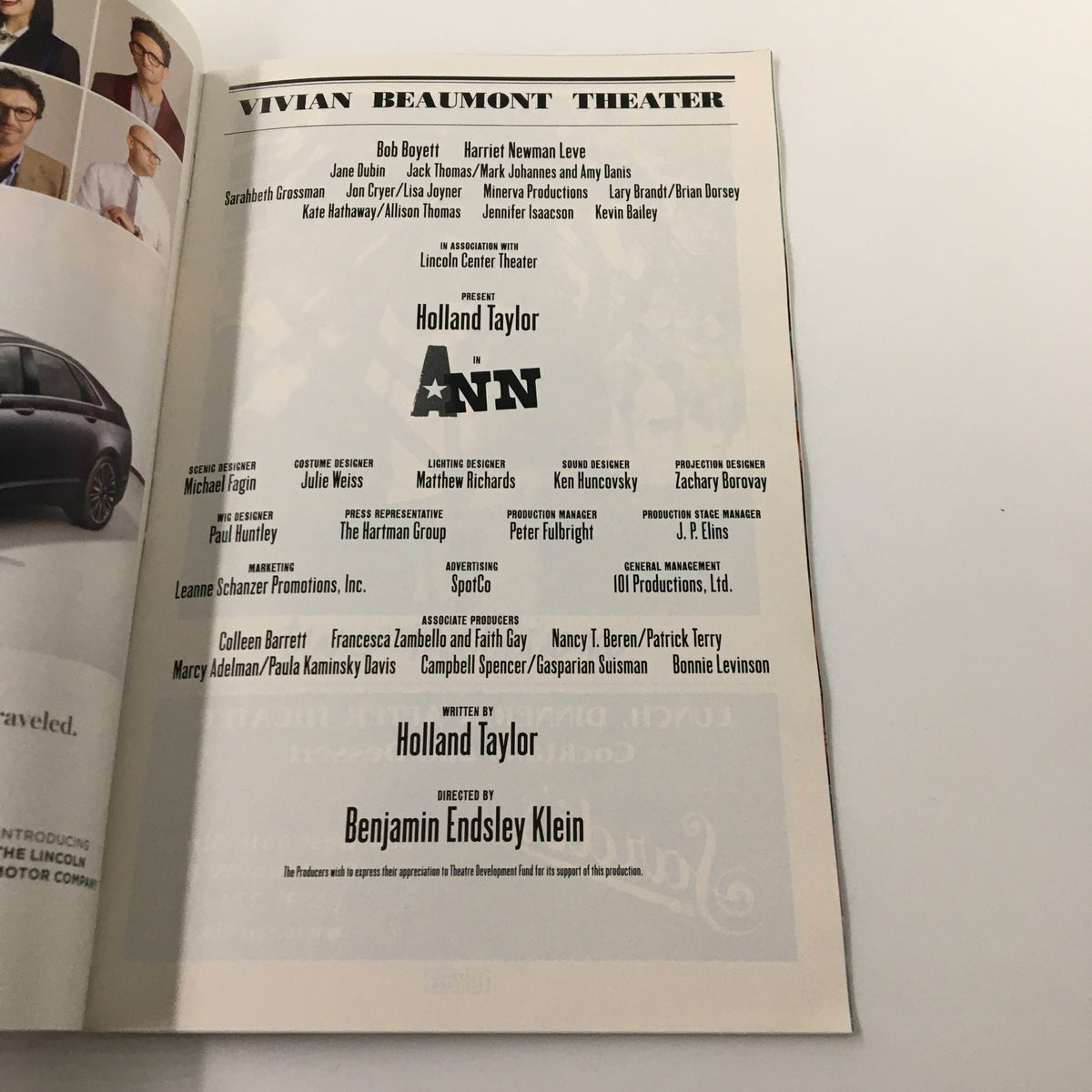 Back cover of the March 2013 Playbill for "Ann" at Vivian Beaumont Theater, featuring Holland Taylor, directed by Benjamin Endsley Klein, highlighting cast details and production credits.