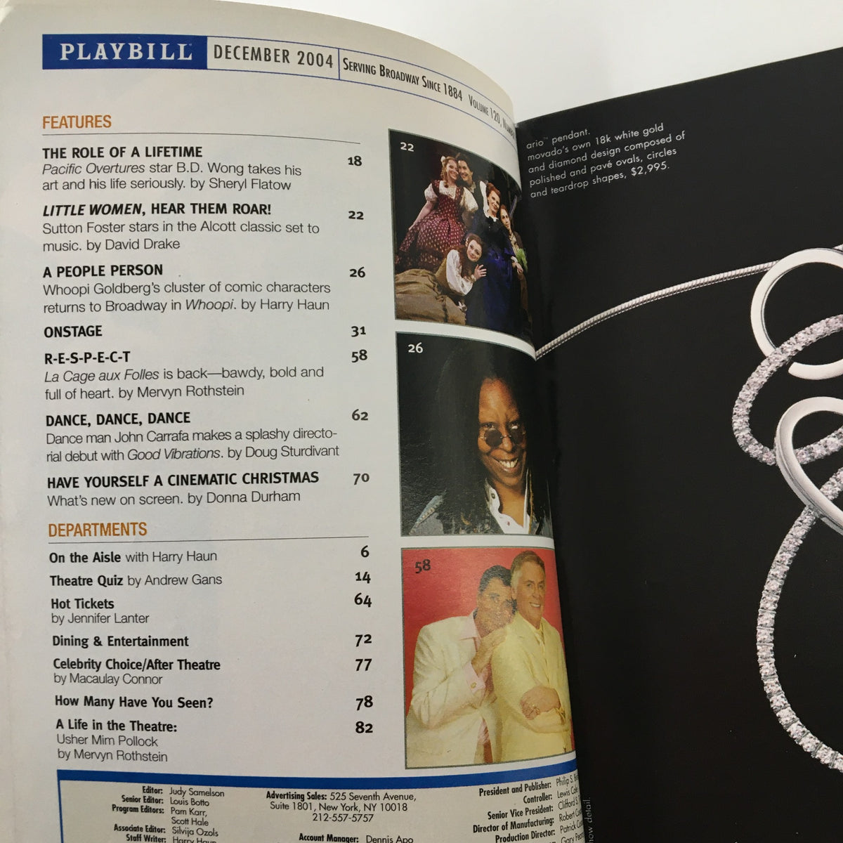 Inside page of the 2004 Playbill for La Cage Aux Folles, highlighting features and articles related to Broadway performances.