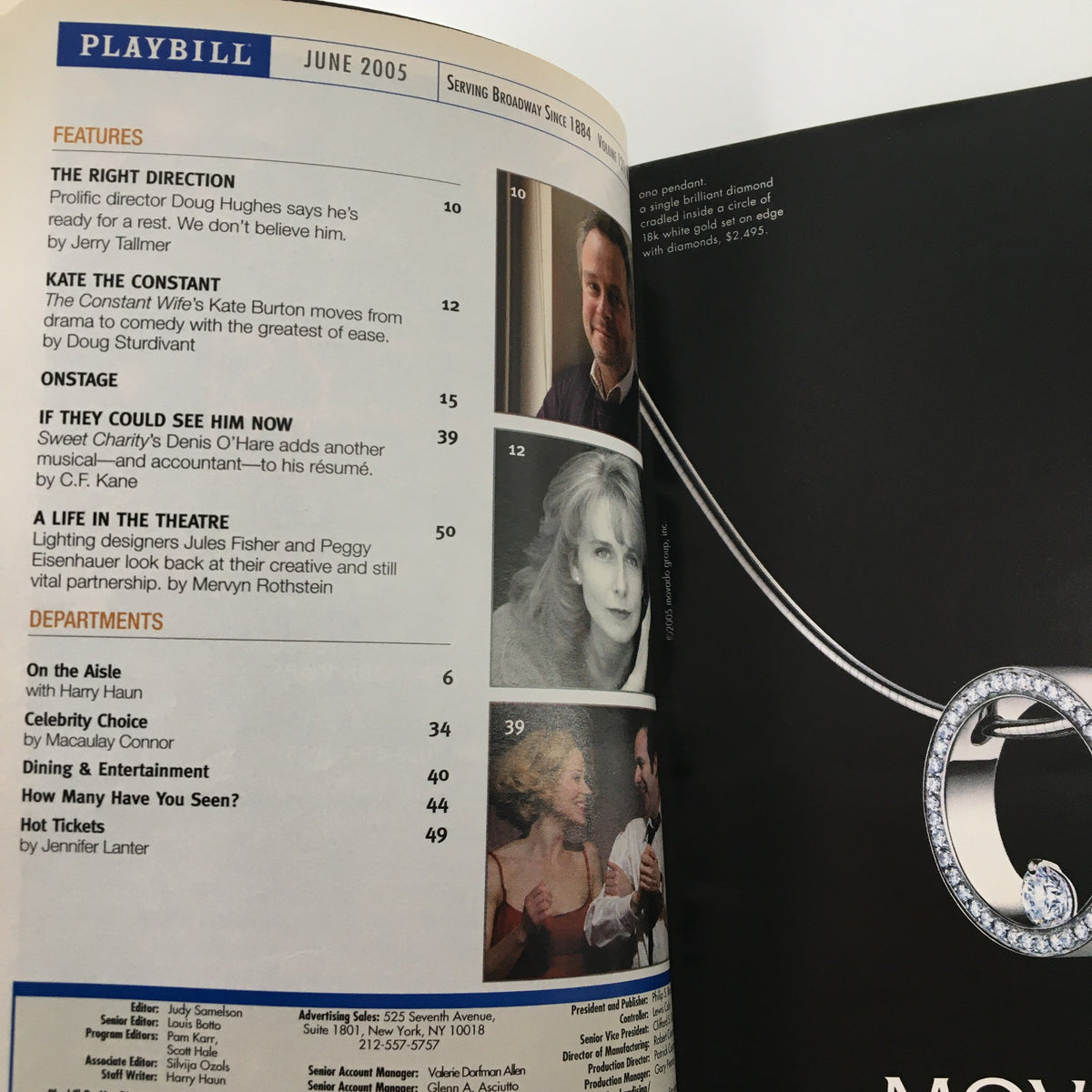 Inside page of the 2005 Playbill for La Cage Aux Folles with content and features listed for June 2005.