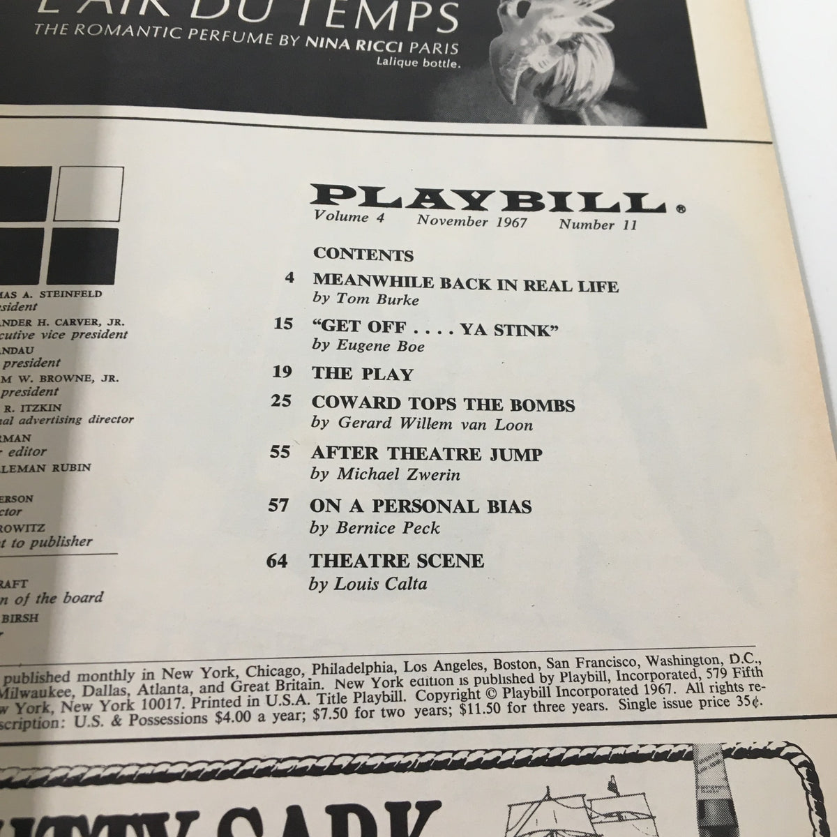 Inside page of the November 1967 Playbill showcasing the contents and articles related to the theatrical performances during that month.
