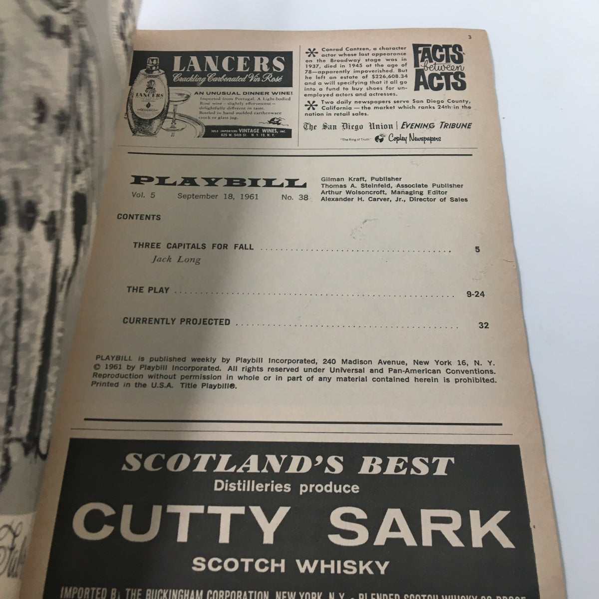Interior of the 1961 Playbill for Sophocles' Tragedy by D. Rondiris showing contents and advertisements.