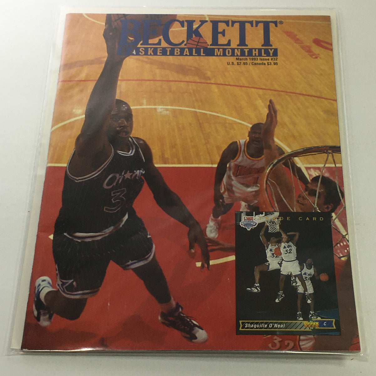 Beckett Basketball Monthly: March 1993 Issue #32 featuring Shaquille O'Neal, showcasing vibrant cover artwork with O'Neal in action on the basketball court.