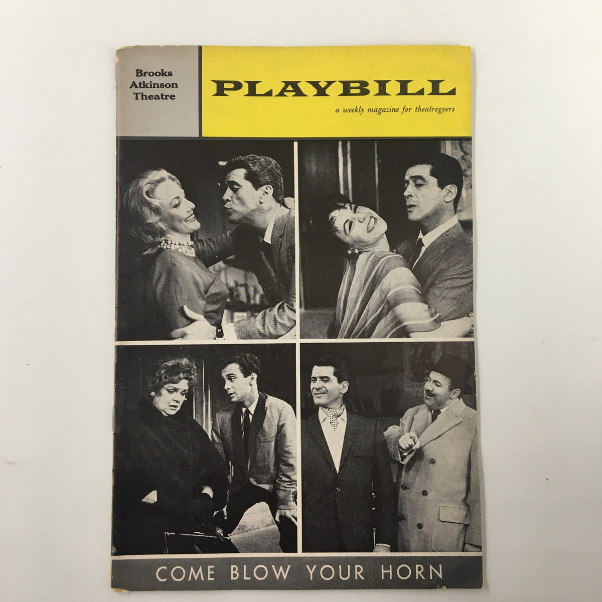 1961 Playbill for 'Come Blow Your Horn' at Brooks Atkinson Theatre featuring iconic scenes and characters from the play.