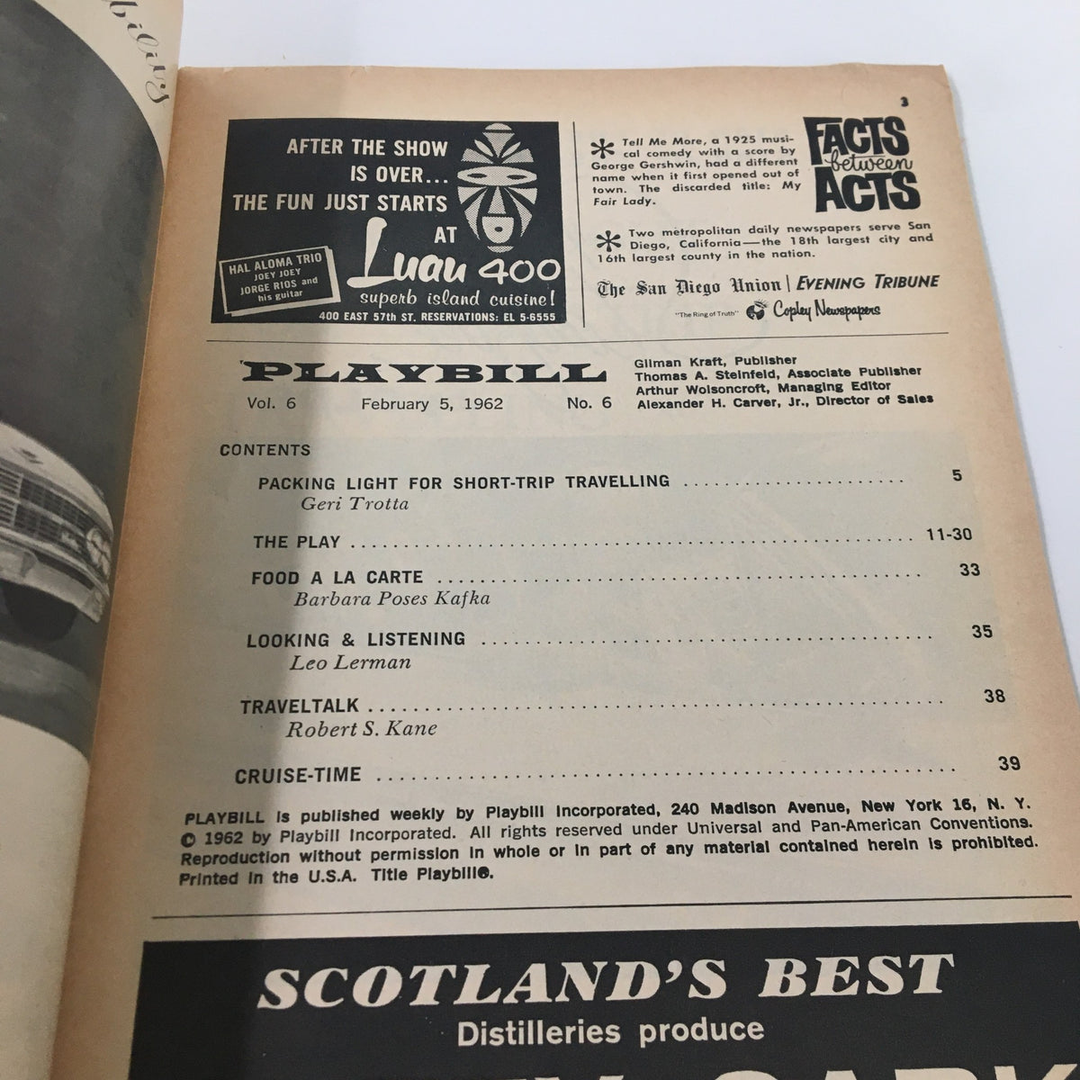 Interior page of a 1962 Playbill for The Caretaker at the Lyceum Theatre detailing the program schedule and additional performance information.