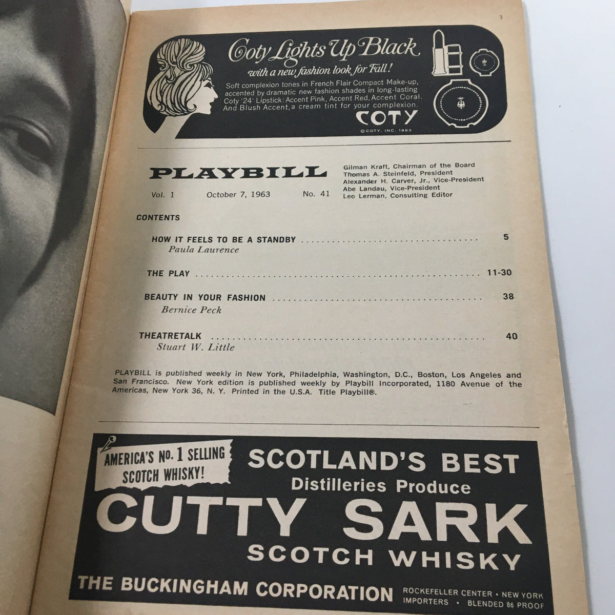1963 Playbill from Longacre Theatre showcasing the contents page and advertising featuring Coty products, indicating a nostalgic connection to the era of Broadway.