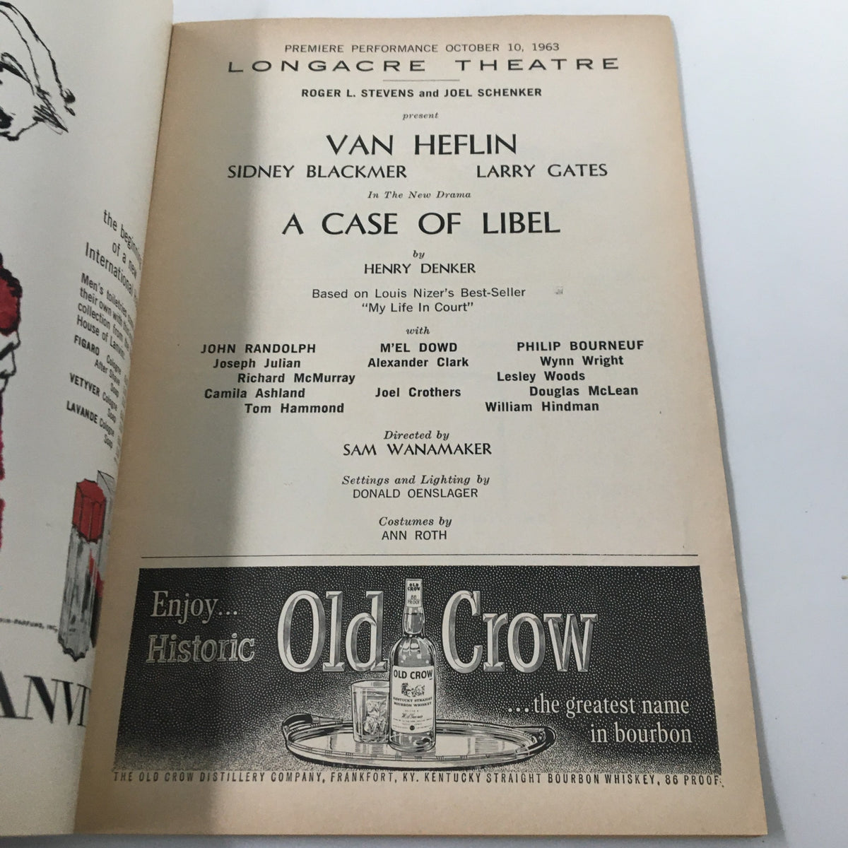 1963 Playbill from Longacre Theatre featuring Van Heflin and Larry Gates in 'A Case of Libel,' detailing the cast and creative team behind the play.