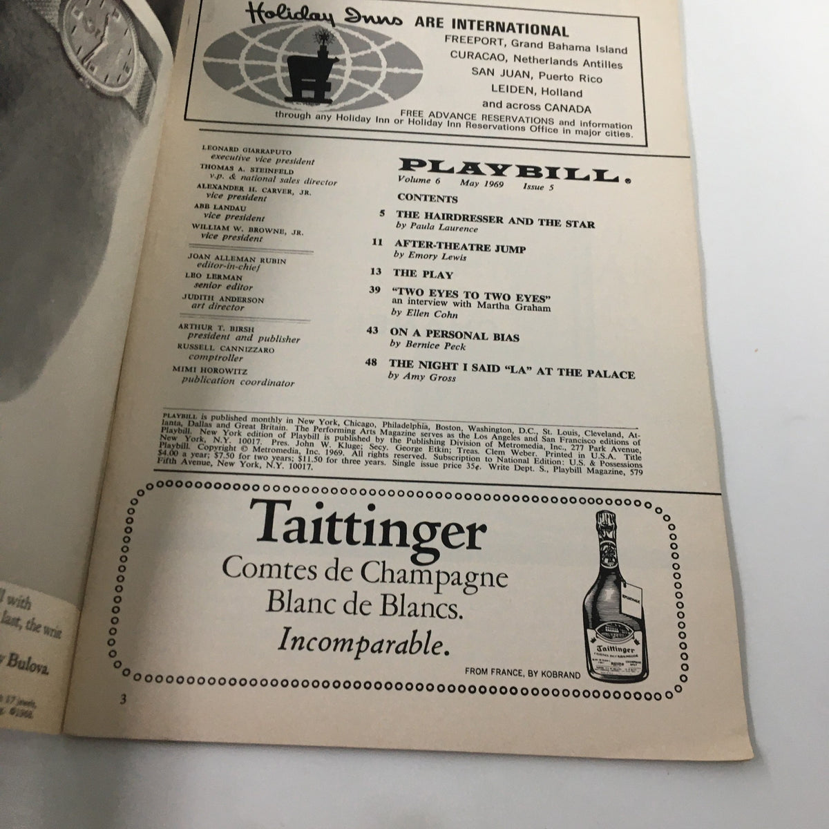 Inside page of the 1969 Playbill from The Morosco Theatre, listing contents including plays and advertisements, highlighting the intricate details of theatre history.