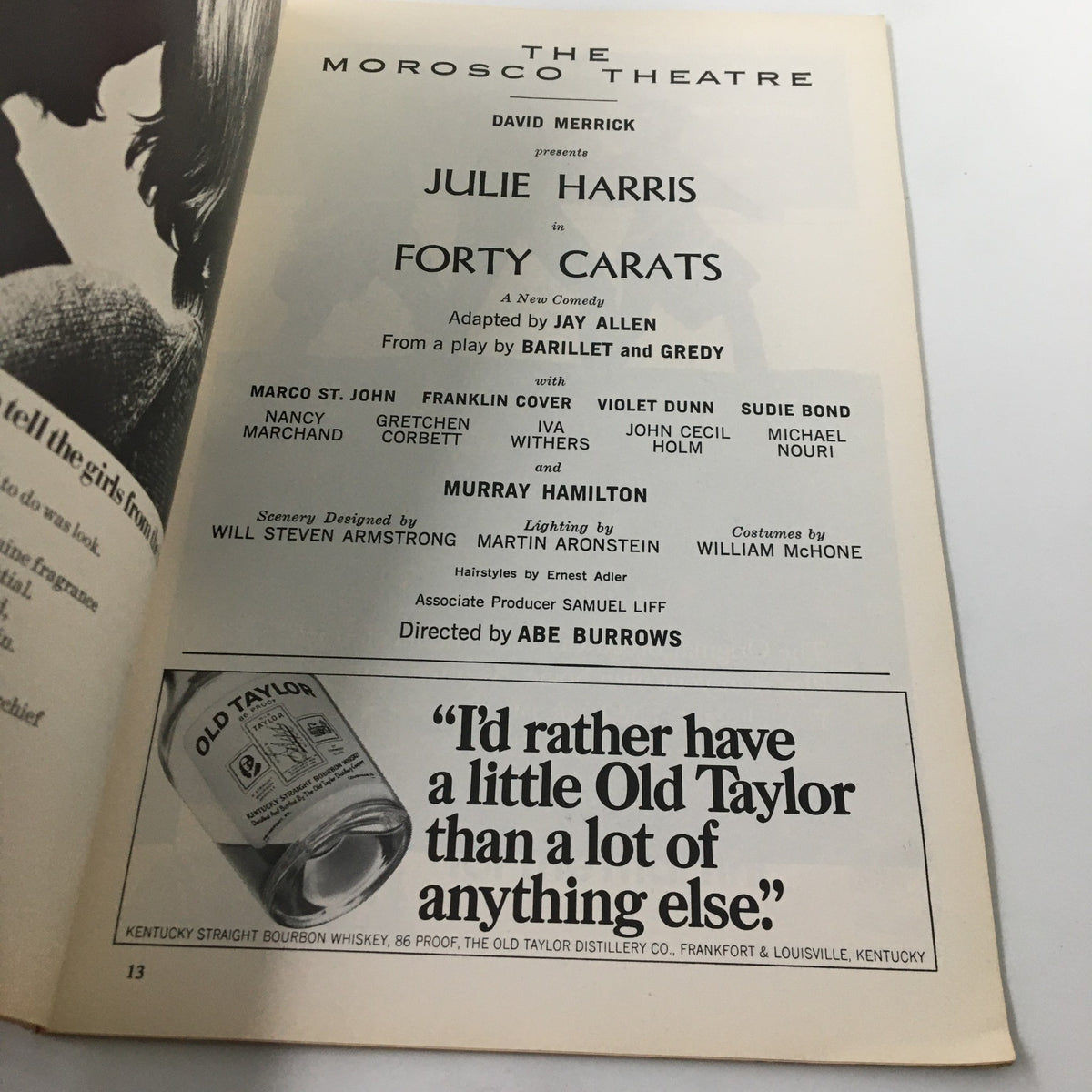 Another inside page of the 1969 Playbill for The Morosco Theatre, featuring Julie Harris in Forty Carats with details about the cast and production, celebrating Broadway memorabilia.