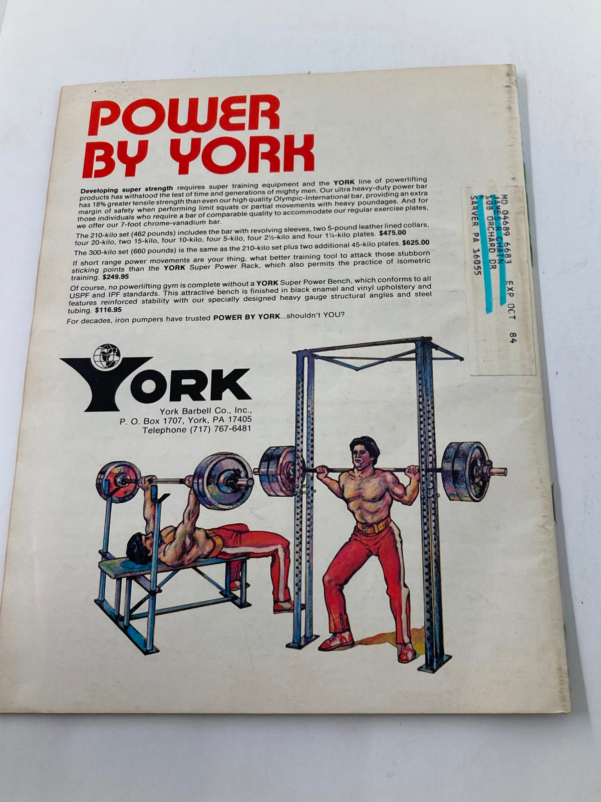 Back cover of the VTG Muscular Development Magazine October 1983 Vol 20 #5 featuring an advertisement by York Barbell Company. The image displays illustrations of weightlifting equipment and bodybuilders demonstrating exercises. This vintage magazine cover serves as a window into the bodybuilding culture of the 1980s.