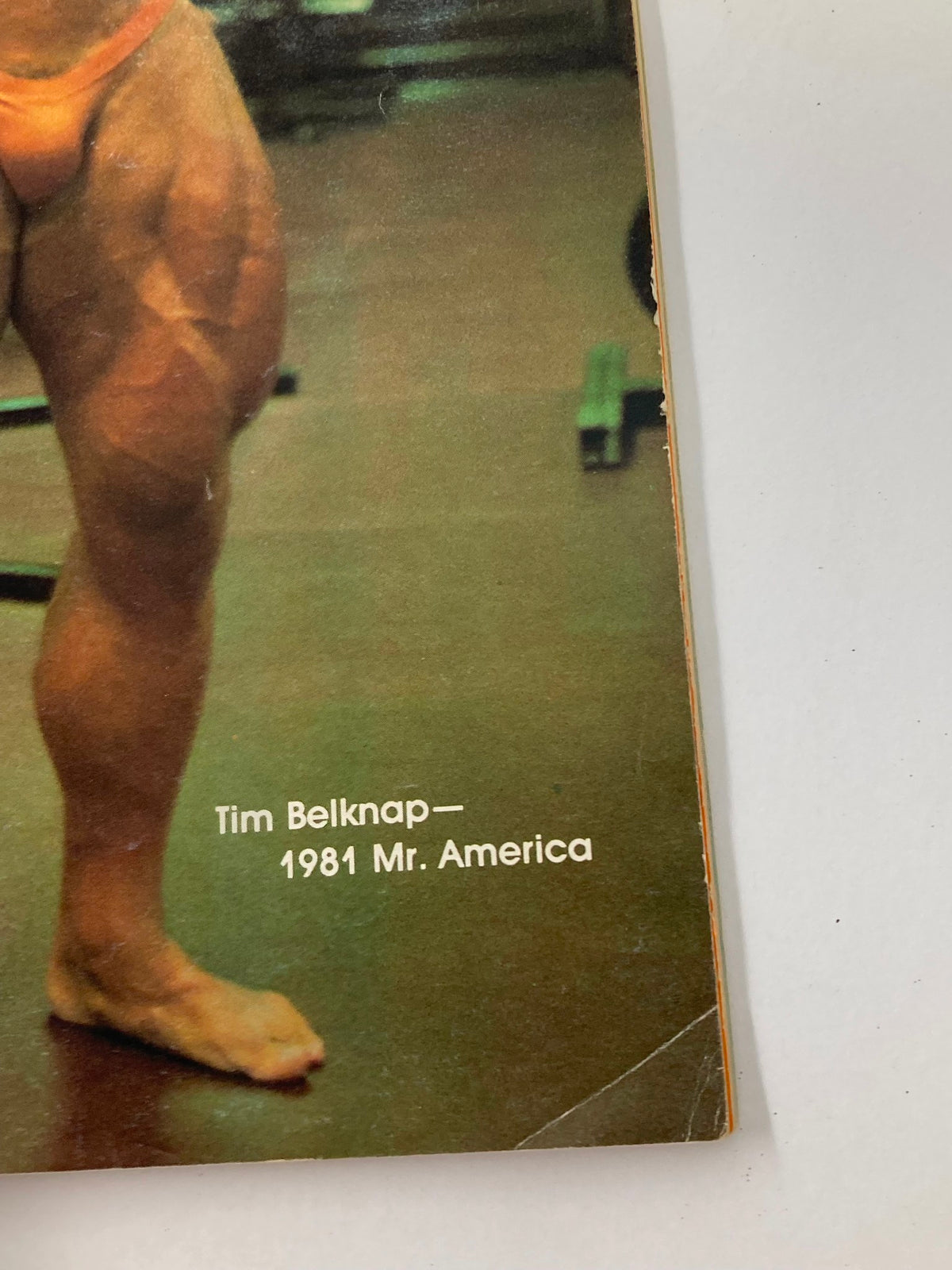 Close-up of Tim Belknap caption on the cover of VTG Muscular Development Magazine February 1982 Vol 19 #1, noting his title as 1981 Mr. America.