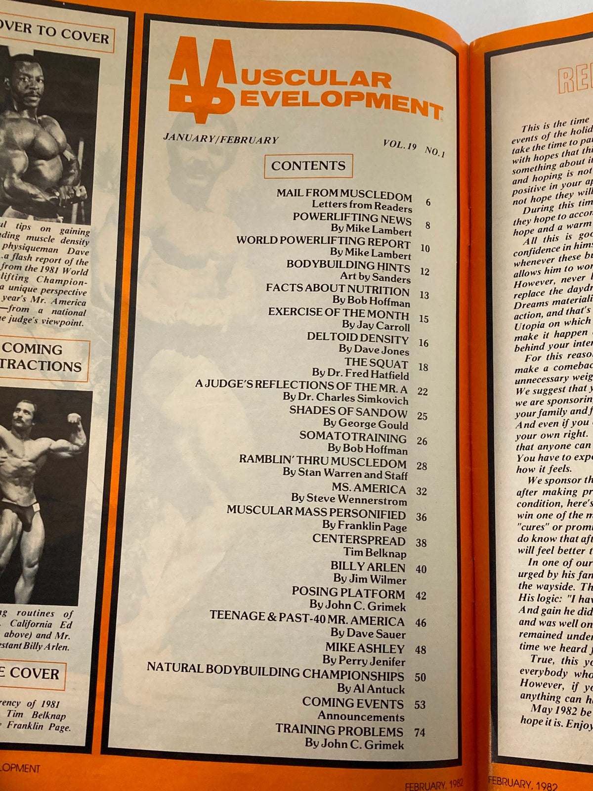 Contents page from VTG Muscular Development Magazine February 1982 Vol 19 #1, outlining articles and features related to bodybuilding and fitness.