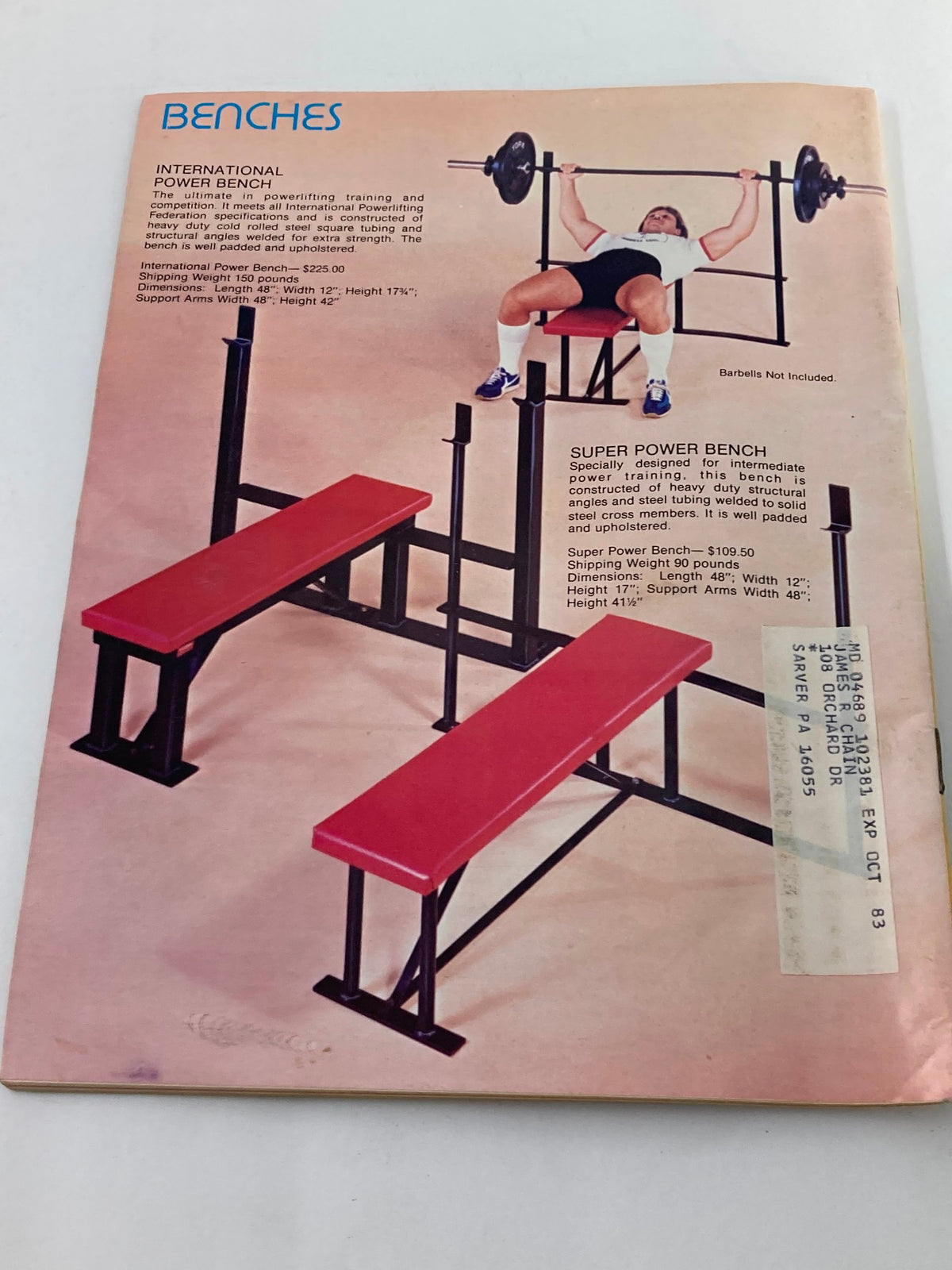 Ad page from VTG Muscular Development Magazine August 1982 Vol 19 #3 showcasing power benches for weight training, displaying the International Power Bench specifications and pricing.
