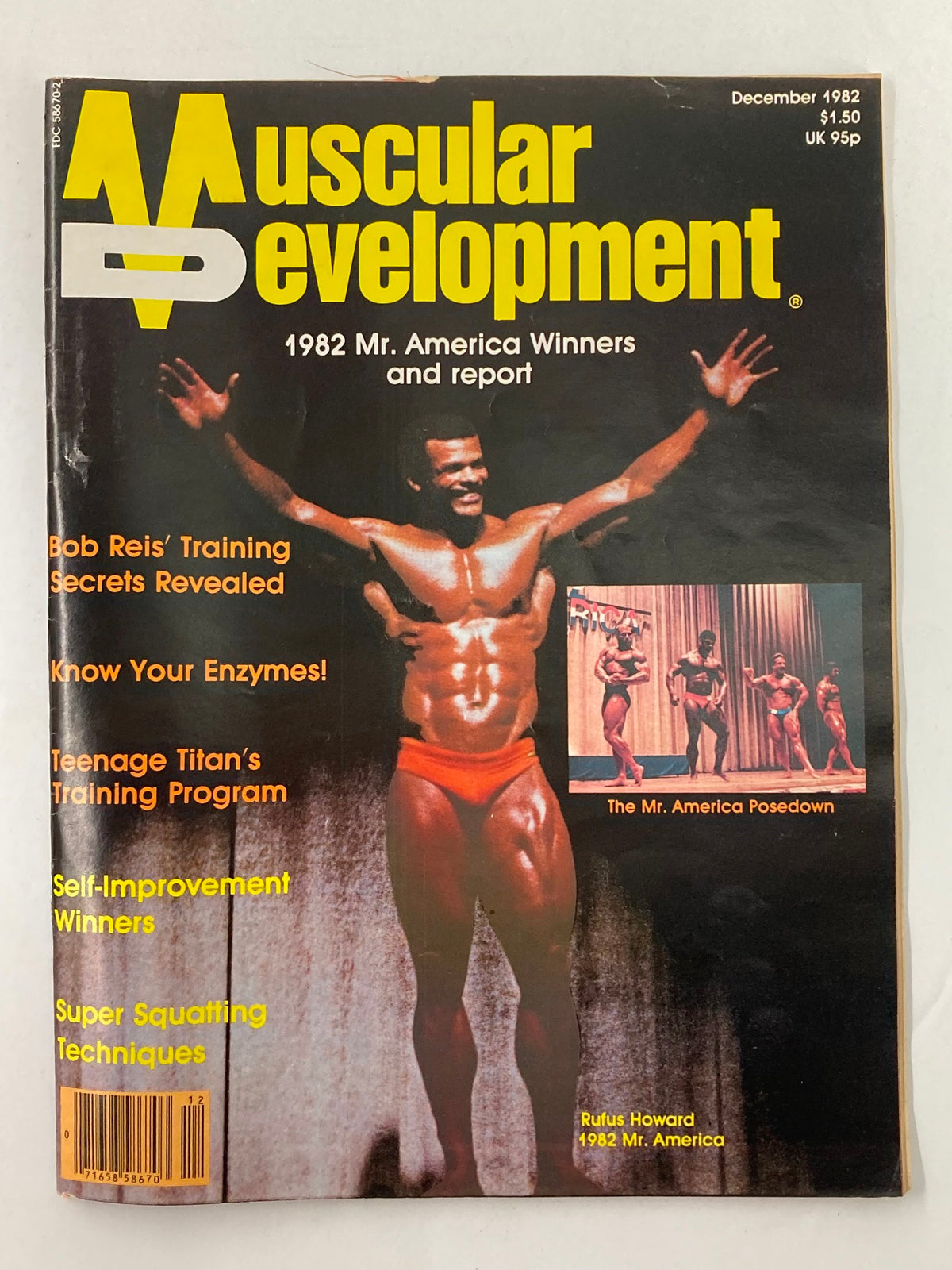 Cover of VTG Muscular Development Magazine December 1982 Vol 19 #6 featuring Rufus Howard, highlighting the 1982 Mr. America winners and fitness culture of the early '80s.