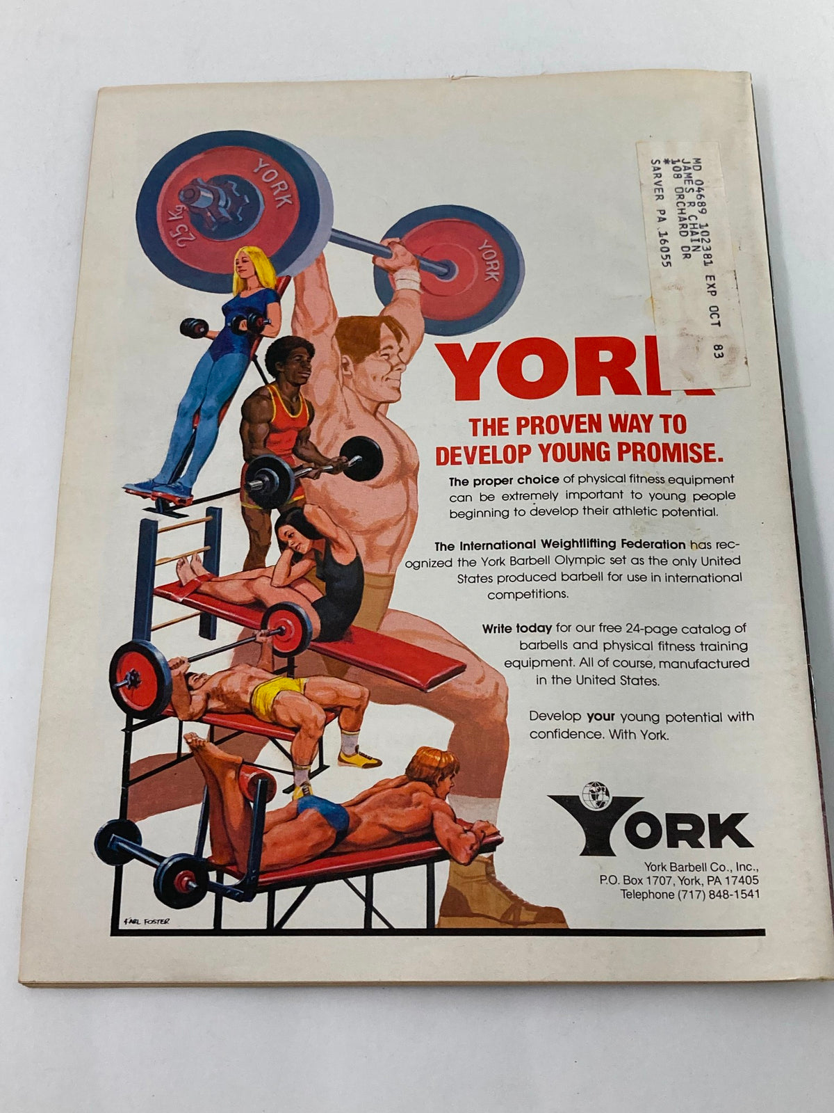 Back cover of VTG Muscular Development Magazine December 1982 Vol 19 #6 with a York Barbell advertisement, emphasizing fitness equipment and the importance of training.