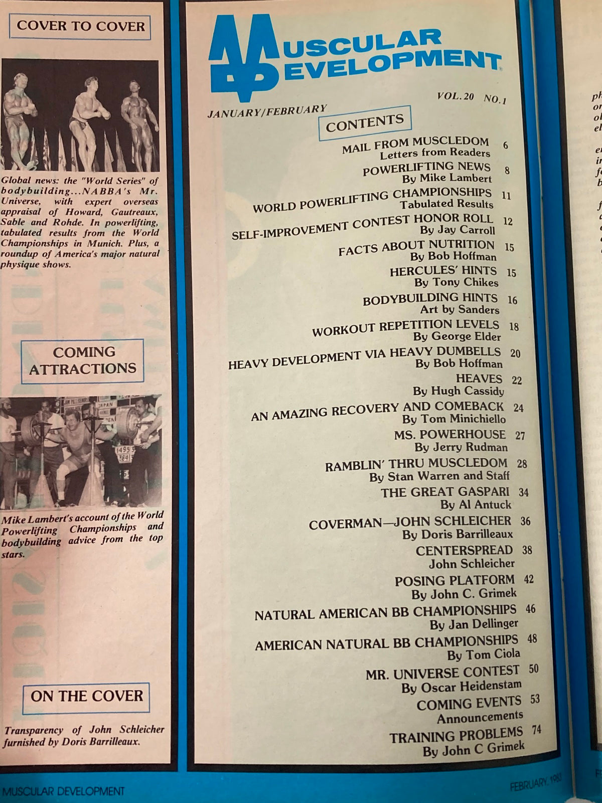 Table of contents from VTG Muscular Development Magazine February 1983 Vol 20 #1 listing articles and features on bodybuilding and fitness.