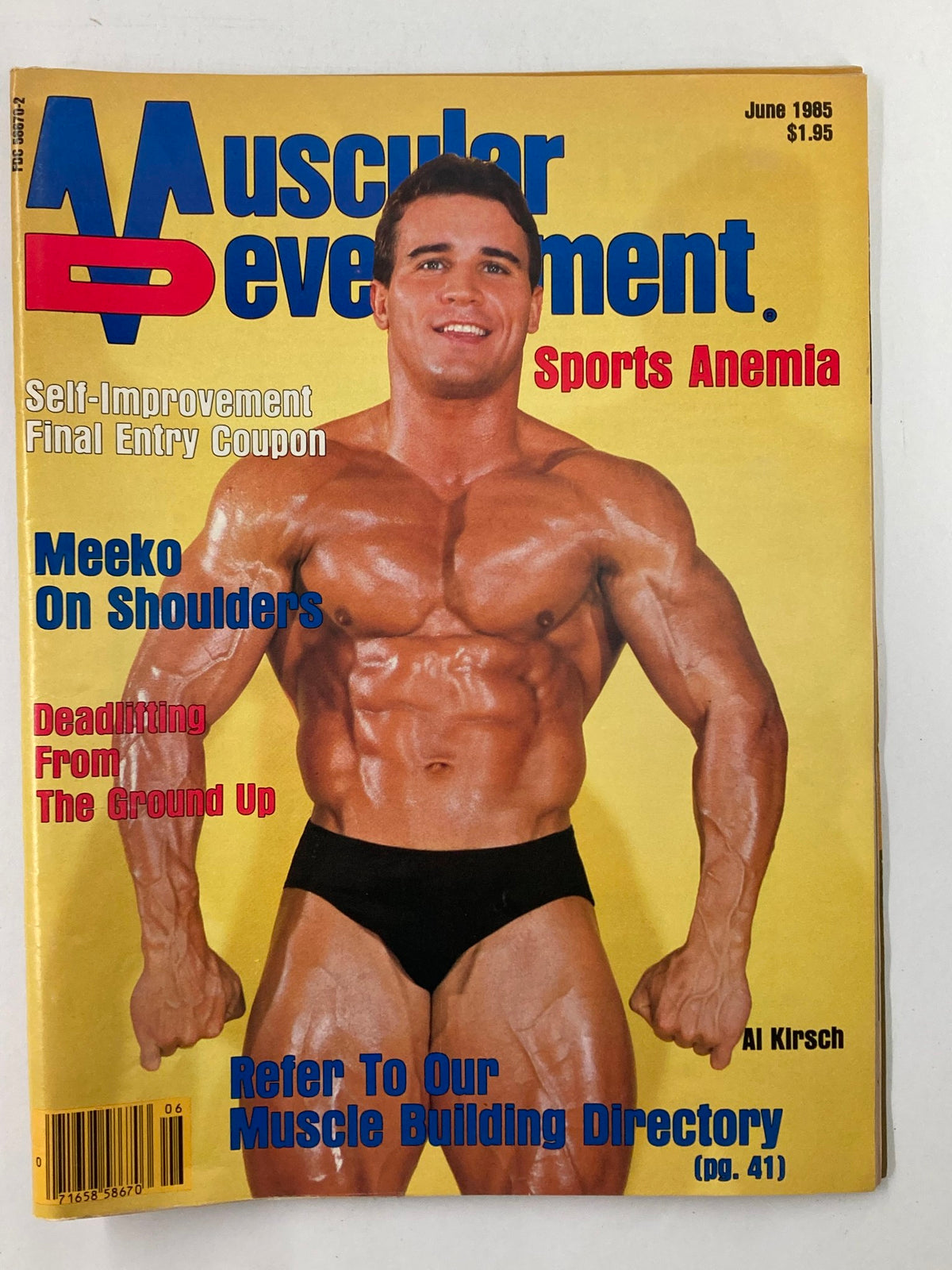 Cover of Muscular Development Magazine, May-June 1985 featuring Al Kirsch, Mr. America, showcasing fitness and bodybuilding themes with vibrant graphics.