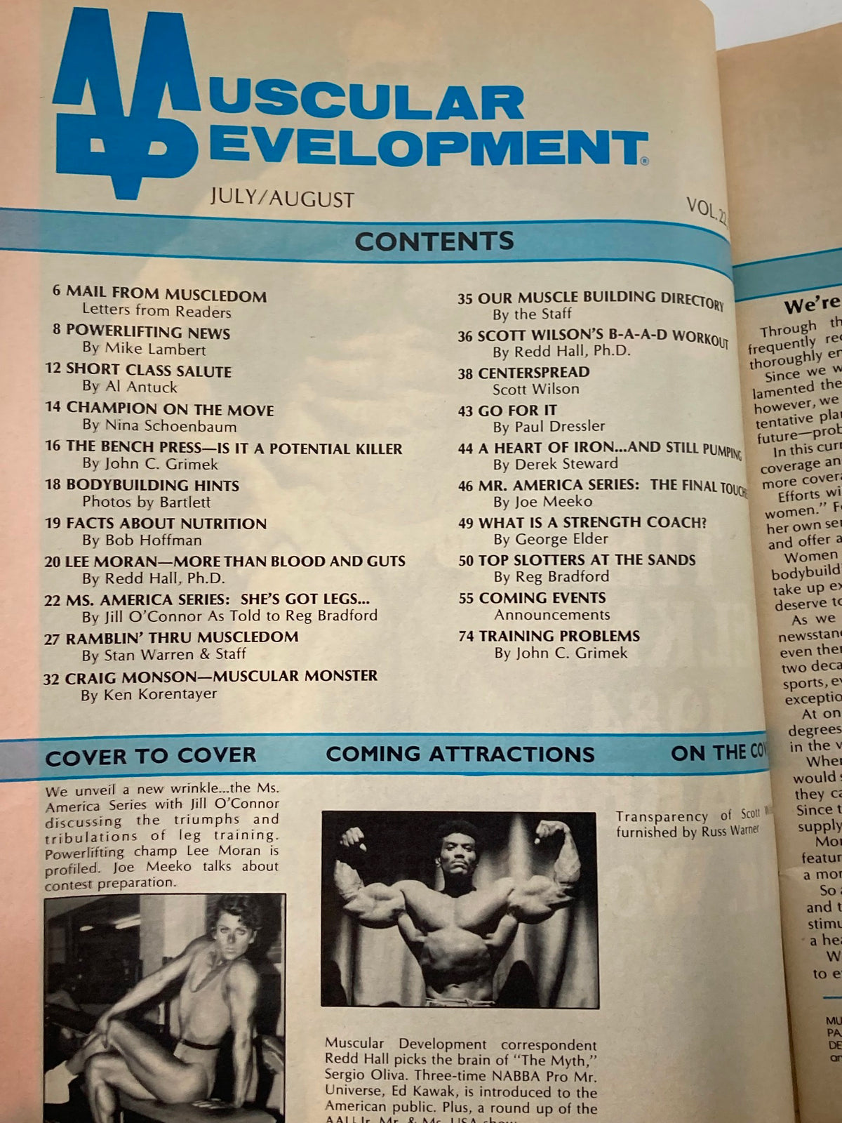 Muscular Development Magazine July August 1985 featuring contents page with articles on bodybuilding and fitness, including an exclusive interview with Scott Wilson. This vintage magazine captures the fitness culture of the 1980s.
