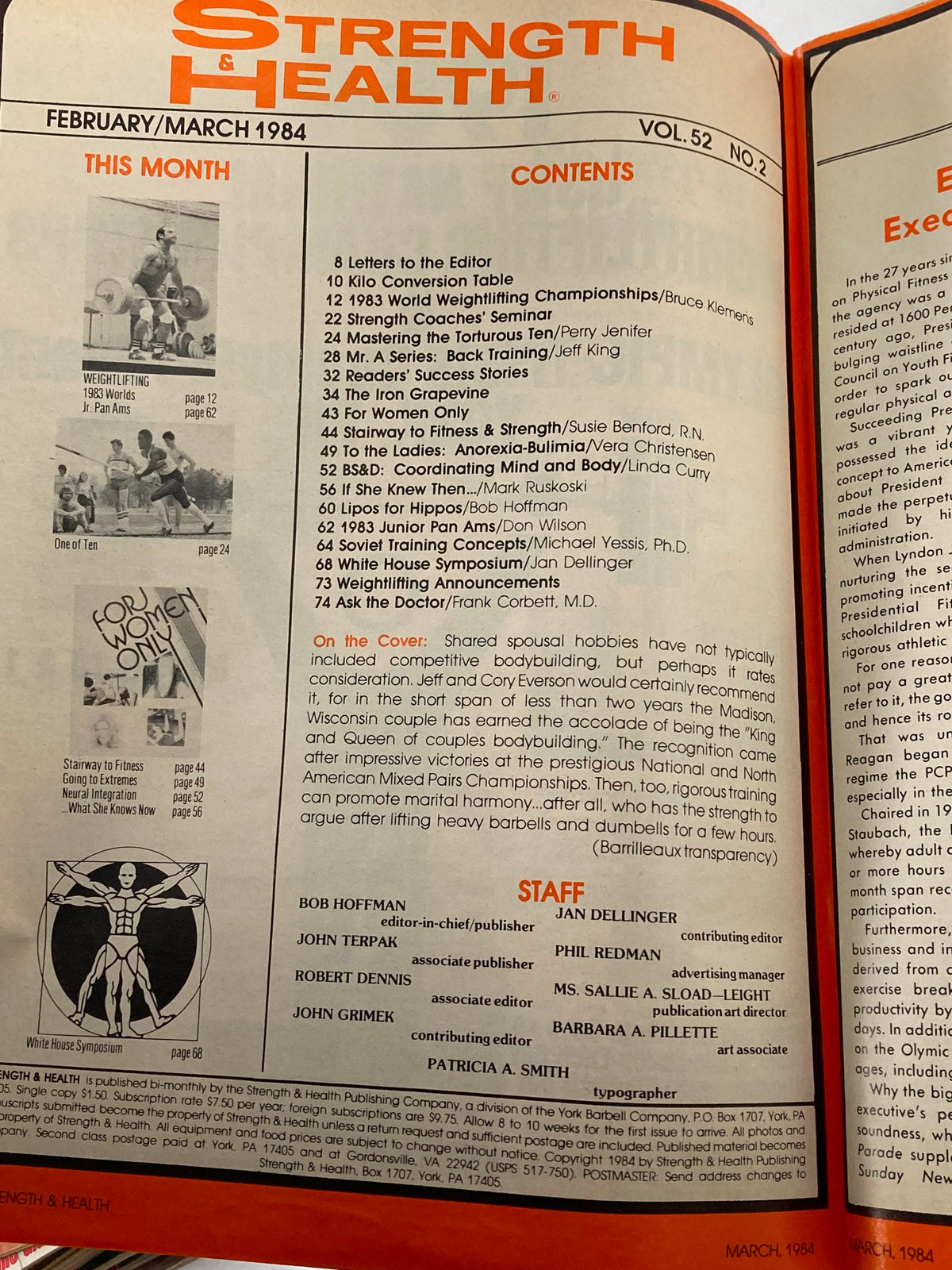 Contents page from the VTG Strength & Health Magazine March 1984 Vol 52 #2 featuring articles and features on weightlifting, fitness training, and notable contributors including Cory and Jeff Everson.