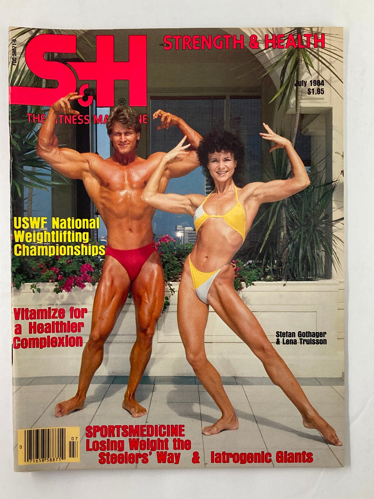 Vintage Strength & Health Magazine July 1984, featuring bodybuilders Stefan Gothager and Lena Truisson on the cover in vibrant fitness poses, showcasing the bodybuilding culture of the 1980s.