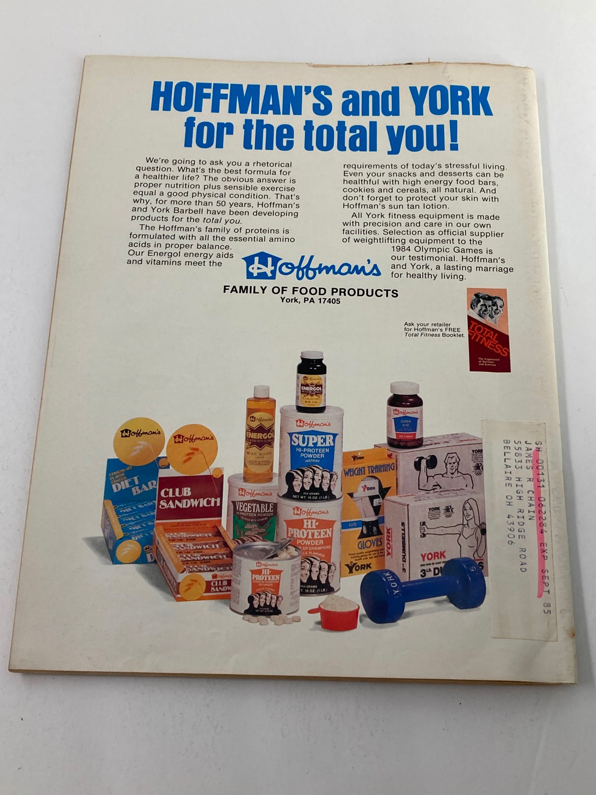 Vintage advertisement from Hoffman’s and York featured in Strength & Health Magazine March 1985, showcasing various nutritional products and fitness equipment with the title 'Hoffman’s and York for the total you!'.
