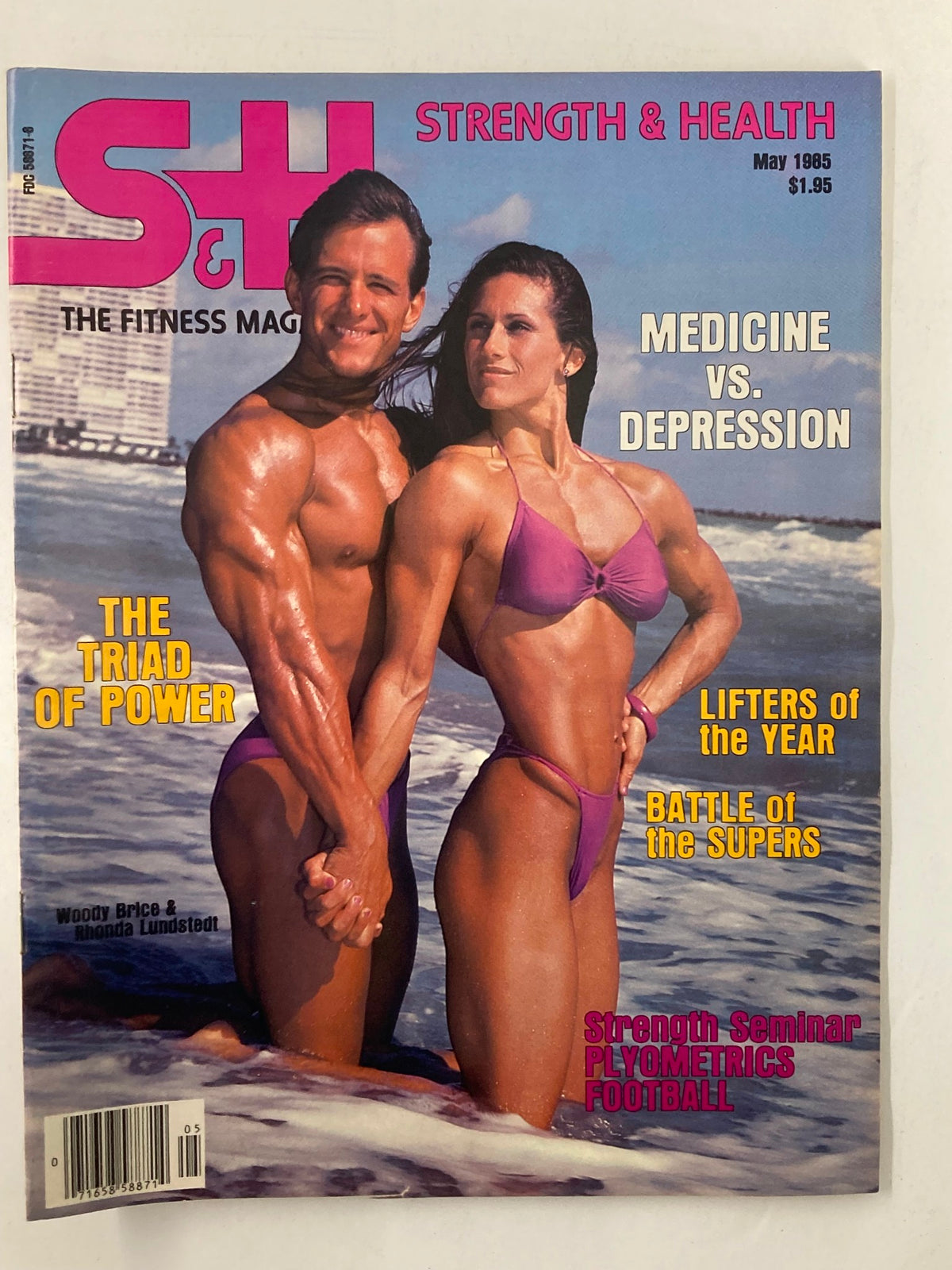 Cover of VTG Strength & Health Magazine May 1985 featuring bodybuilders Woody Rice and Rhonda Lundstedt, highlighting topics like medicine vs. depression, lifters of the year, and bodybuilding insights.