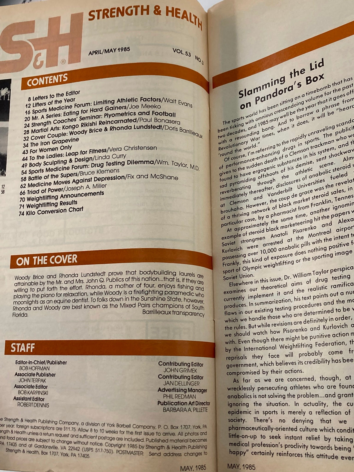 Contents page of VTG Strength & Health Magazine May 1985, Volume 53, Issue #3, detailing articles and features on bodybuilding, fitness, and health.