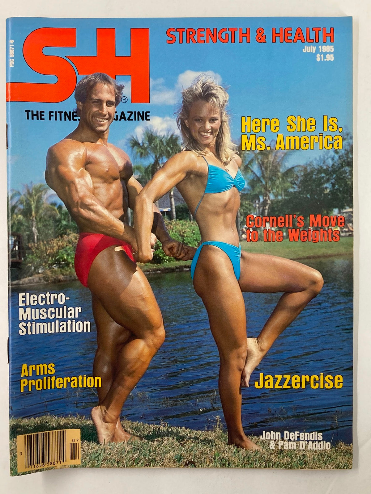 Cover of Strength & Health Magazine, July 1985, Vol 53 #4 featuring fitness experts John DeFendls and Pam D'Addlo posing by a lake, showcasing the vibrant fitness culture of the 1980s.
